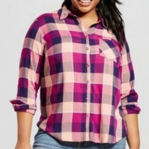 Ava & Viv Tops - Ava & Viv Burgundy and Peach Button down Plaid Shirt